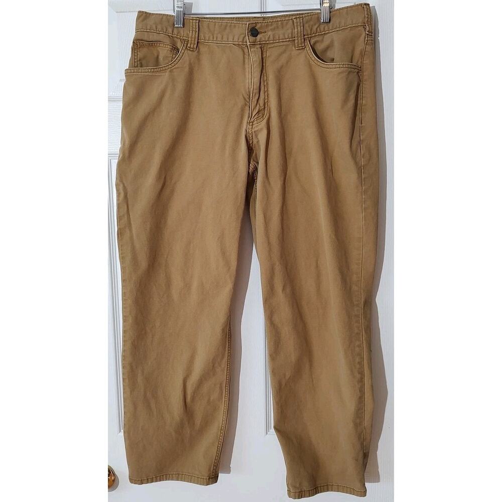 Men's Carhartt Pants Khaki Workwear Relaxed Fit Rugged Flex Canvas Utility 35x27